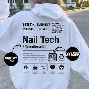 Nail Tech Personalized Hoodie, Nail Technician Gift, Nail Salon Apparel, Beauty Salon Clothing, Custom Name Manicurist Sweatshirt, QR Code