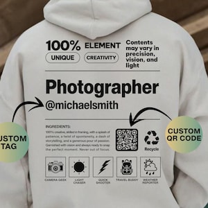 Photographer Personalized Hoodie, Custom Name Hooded Sweatshirt, QR Code Sweater,Photography Gift, Camera Lover Jumper,Gift for Photographer