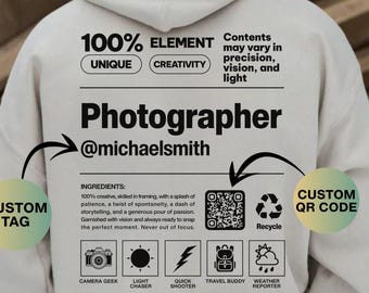 Photographer Personalized Hoodie, Custom Name Hooded Sweatshirt, QR Code Sweater,Photography Gift, Camera Lover Jumper,Gift for Photographer