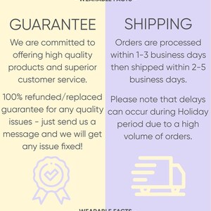 May include: Image with text that reads "GUARANTEE" and "SHIPPING". The guarantee section states a commitment to high-quality products and customer service, with a 100% refund/replacement guarantee. The shipping section mentions order processing and potential delays.