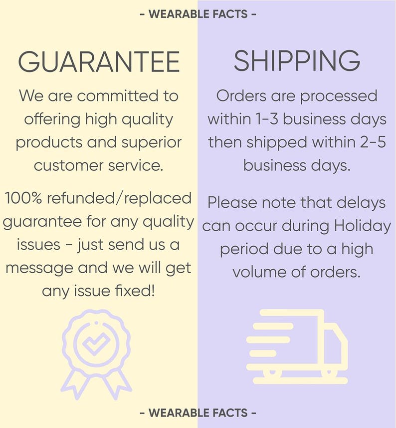 May include: Image with text that reads "GUARANTEE" and "SHIPPING". The guarantee section states a commitment to high-quality products and customer service, with a 100% refund/replacement guarantee. The shipping section mentions order processing and potential delays.