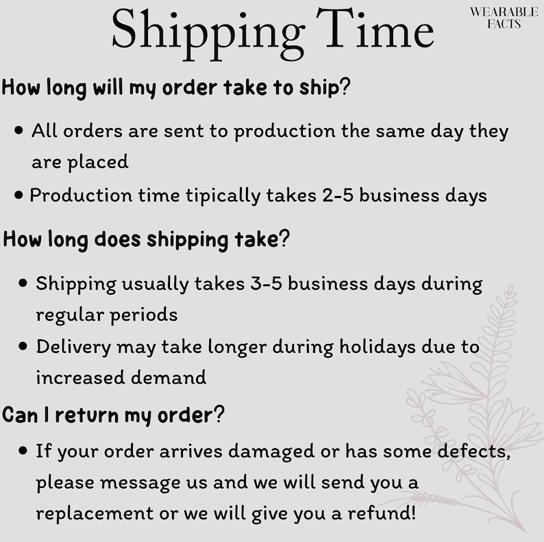 May include: A white background with the text "Shipping Time" in a decorative font. The text provides information on order processing, shipping times, and returns. The Wearable Facts logo is in the upper right corner.