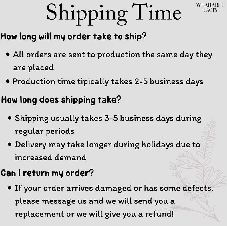 May include: A light gray informational graphic titled Shipping Time with the brand name WEARABLE FACTS in the corner. It lists details regarding production times of 2-5 business days, shipping times of 3-5 business days, and return policies.