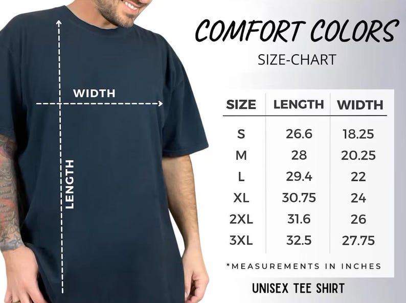 Op de afbeelding: Maattabel voor een unisex t-shirt met afmetingen in inches. De tabel toont de maat, lengte en breedte van het shirt in de maten S, M, L, XL, 2XL en 3XL.