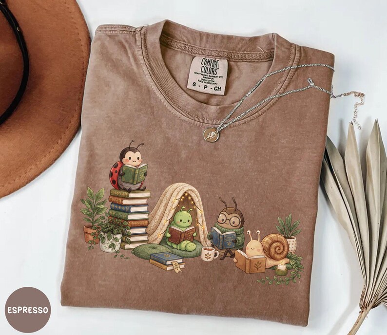 Cottagecore Insect Shirt, Reading Shirt, Book Lover Tee, Cozy Reader Gift, Librarian Teacher, Bookish Gift Espresso