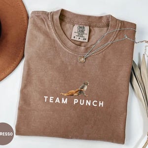 May include: Espresso-colored t-shirt with the words "TEAM PUNCH" in white. The shirt features a graphic of two cartoon animals. A silver necklace with a pendant is draped across the shirt.