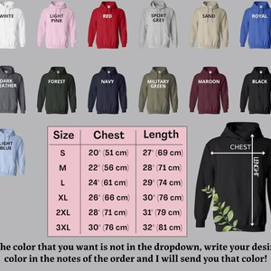 May include: A variety of hooded sweatshirts in different colors, including white, light pink, red, sport grey, sand, royal blue, dark heather, forest, navy, military green, maroon, and black. A size chart with chest and length measurements is also shown.
