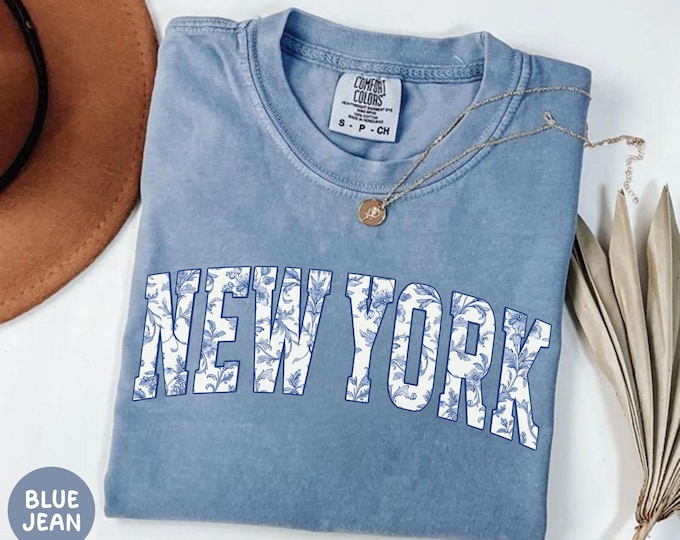 Floral New York Shirt, Comfort Colors® NYC Tee, Blue Toile Graphic Tee, Retro NY T-shirt, Urban City Top, New York Travel Tee, New York Gift