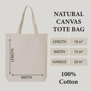 May include: A natural canvas tote bag with dimensions displayed. The bag is 16 inches long, 15 inches wide, and has a 20-inch handle. The text on the bag reads "Natural Canvas Tote Bag" and "100% Cotton."