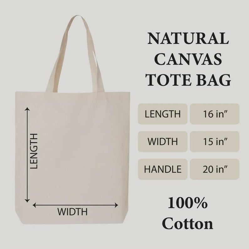May include: A natural canvas tote bag with dimensions displayed. The bag is 16 inches long, 15 inches wide, and has a 20-inch handle. The text on the bag reads "Natural Canvas Tote Bag" and "100% Cotton."