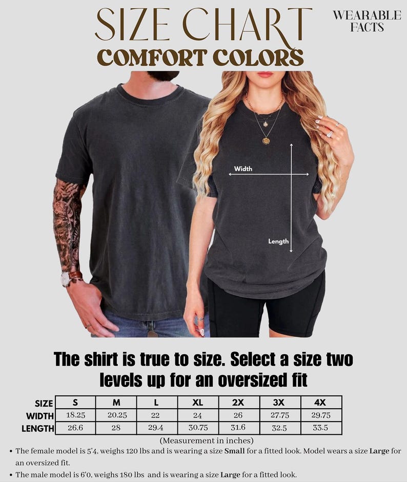 Puede incluir: Tabla de tallas para camisetas Comfort Colors. La tabla muestra las medidas en pulgadas para las tallas S a 4XL. El texto indica que la camiseta es fiel a la talla y que se deben elegir dos tallas m&aacute;s para un ajuste oversize. La modelo femenina mide 163 cm y usa Small.