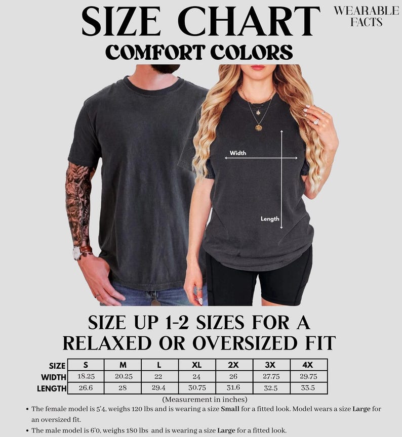 May include: A size chart for Comfort Colors t-shirts featuring a graphic of two people wearing dark gray shirts. The chart displays width and length measurements in inches for sizes S through 4X, with text advising to size up for an oversized fit.