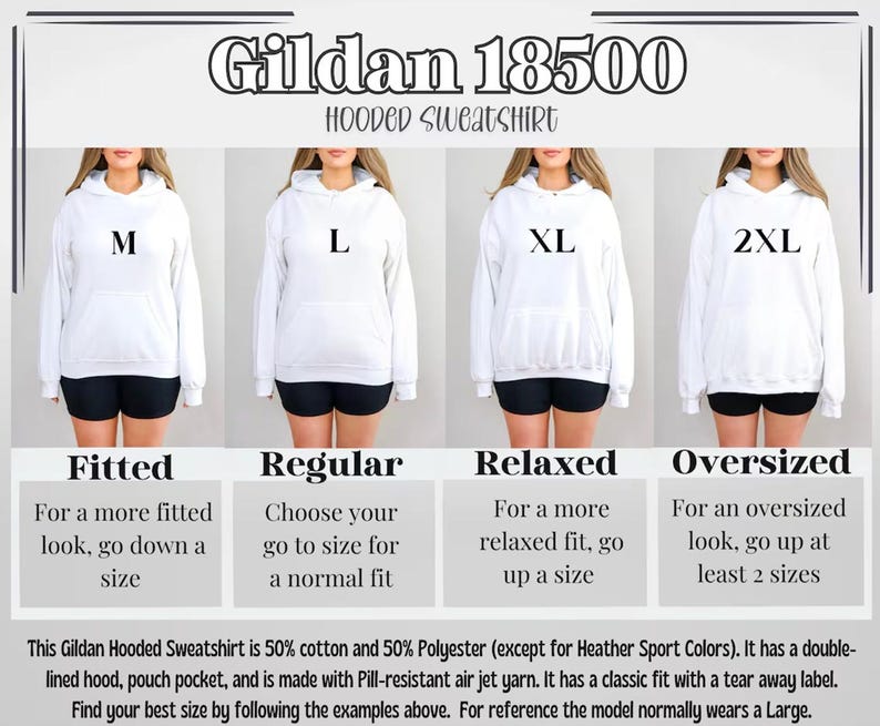 May include: White Gildan 18500 hooded sweatshirts in sizes M, L, XL, and 2XL are displayed. The image provides sizing guidance: Fitted, Regular, Relaxed, and Oversized. The sweatshirt is 50% cotton and 50% polyester.