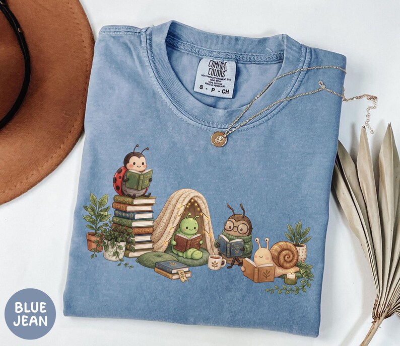Cottagecore Insect Shirt, Reading Shirt, Book Lover Tee, Cozy Reader Gift, Librarian Teacher, Bookish Gift Blue Jean