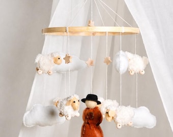 Felt Baby Mobile - Sheep and Shepherd - Nursery Decor for Girls & Boys - Baby Mobile, Gift / Decoration - Handmade