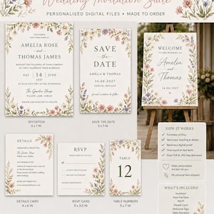Op de afbeelding: Een trouwuitnodigingsset met veldbloemen, bestaande uit digitale bestanden voor een uitnodiging, save-the-date, welkomstbord, detailkaart, RSVP-kaart en tafelnummer, elk voorzien van bloemillustraties en tekst op een witte achtergrond.