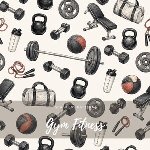 Puede incluir: Un patrón continuo con ilustraciones dibujadas a mano de equipamiento de gimnasio, incluyendo mancuernas, pesas rusas, discos, barras, bancos, cuerdas de saltar, batidoras y bolsas de deporte. El texto dice SEAMLESS PATTERN Gym Fitness.