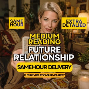Peut inclure: Une personne aux cheveux blonds courts portant un pull marron, tenant une carte de tarot. Les textes superposés indiquent : SAME HOUR, EXTRA DETAILED, MEDIUM READING FUTURE RELATIONSHIP, SAME HOUR DELIVERY, et FUTURE RELATIONSHIP CLARITY.