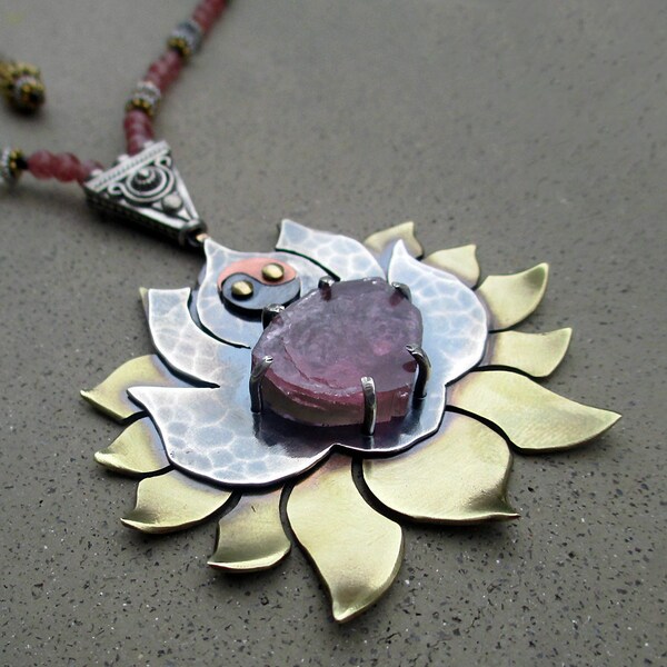 Lotus Blossom Necklace with Watermelon Tourmaline, Heart Chakra Activator, Lotus Flower, Spiritual Symbol, Metalsmithed, Yoga Jewelry