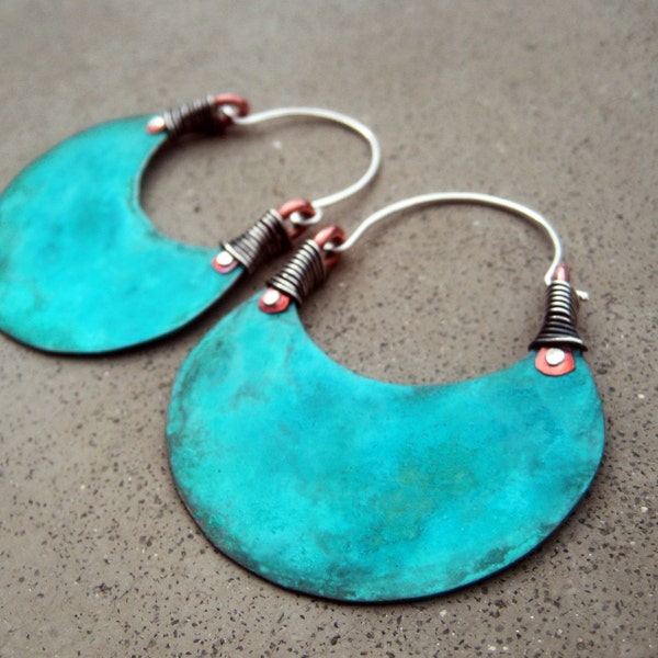 African Beauty in Turquoise, Big Hoop Earrings, Eye Catching, Boho, Hip, Ethnic, Mixed Metal