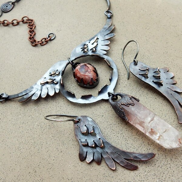 CUSTOM CREATION for MELANIE L., Angel Wing Amulet with Fire Opal and Lithium Quartz Wand