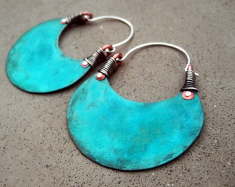 African Beauty in Turquoise, Big Hoop Earrings, Eye Catching, Boho, Hip, Ethnic, Mixed Metal