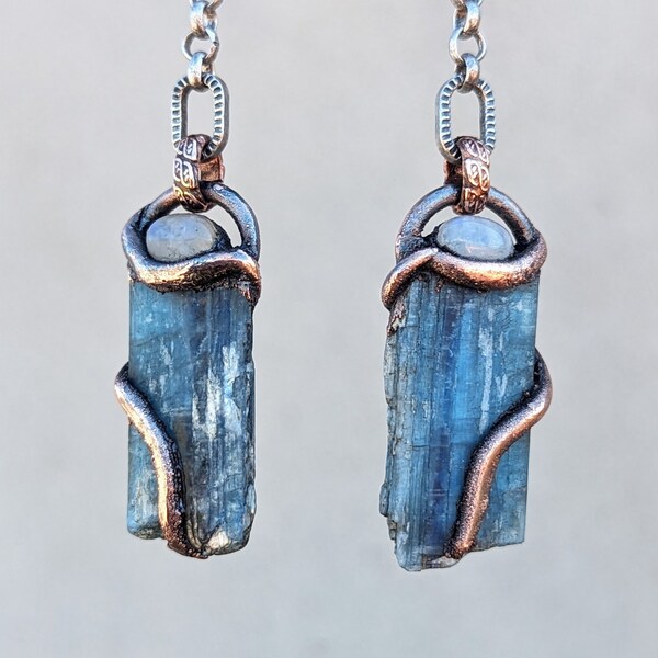 Kundalini Shakti Bliss Dangle Earrings with UV Reactive Kyanite and Rainbow Moonstone, Copper, Sterling Silver Ear Wire, One of a Kind Magic