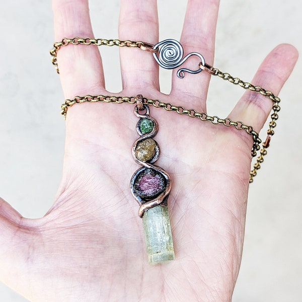 Dance of Shakti Amulet with Aquamarine, Watermelon Tourmaline, Chondrodite, Mali Garnet, Copper, Adjustable Brass Chain, Kundalini Rising