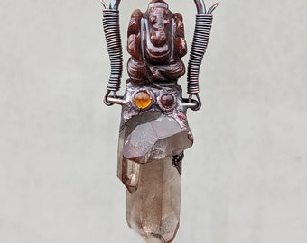 Tribal Amulet with Red River Quartz, Bridge & Companion Crystal, Phantom Hematite Inclusions, Red Jasper Ganesha, Orange and Pink Tourmaline