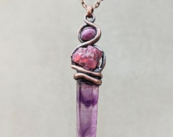 Kundalini Shakti Goddess with Double Phantom Brandberg Amethyst Wand, Red-Violet Spinel, Star Ruby, Copper, Deep Soul Healing & Forgiveness