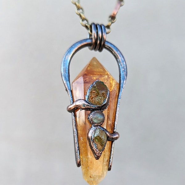 Shaman Amulet with Double Terminated Rainbow Citrine, Peridot, Labradorite, Copper, Manifest Increase of Wealth, Health, Joy, Well-Being