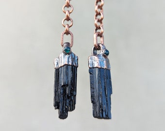 Bliss Dangle Earrings with Black Tourmaline and Green Onyx, Copper, Sterling Silver Ear Wire to Repel Negativity, Maintaining Positivity