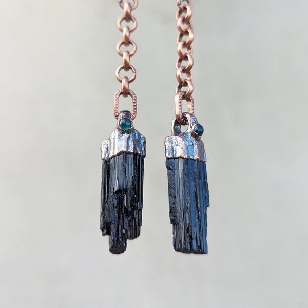 Bliss Dangle Earrings with Black Tourmaline and Green Onyx, Copper, Sterling Silver Ear Wire to Repel Negativity, Maintaining Positivity