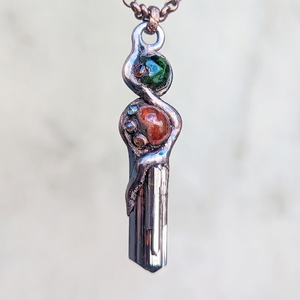 Kundalini Shakti Devi Amulet with Terminated Titanium Rutile, Fire Opal, Demantoid Garnet, Pink, Green, Yellow, Orange Sapphire, Copper