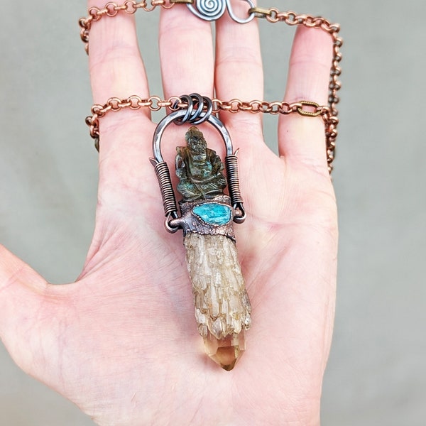 Tribal Amulet with Congo Honey Citrine aka Kundalini Citrine, Carved Labradorite Ganesha, Blue Apatite, Copper, Long Adjustable Chain