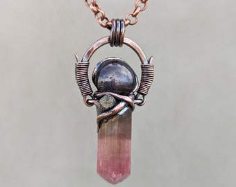 Tribal Kundalini Shakti Amulet with Pink Green Tourmaline, Star Sapphire, Cherry Blossom Stone, Copper, Long Adjustable Chain, Love Magic