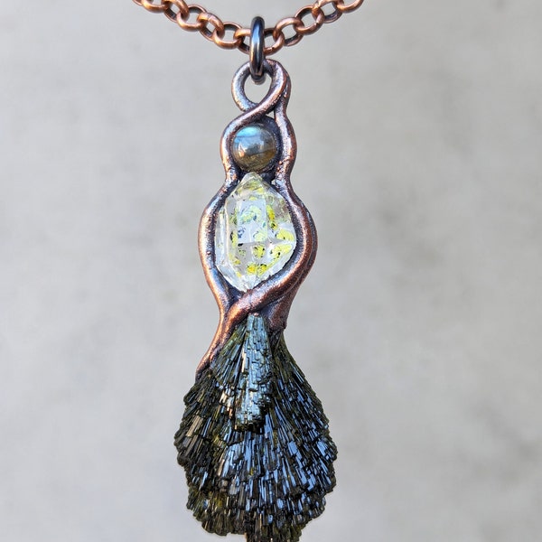 Kundalini Mata Shakti Amulet with Fan Epidote, Golden Enhydro Diamond Quartz, Labradorite, Copper, Adjustable Chain, One of a Kind Magic