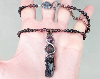 Kundalini Shakti Amulet with Rare Augite, Watermelon Tourmaline, Star Ruby, Copper, Beaded Necklace with Black Tourmaline and Red Garnet
