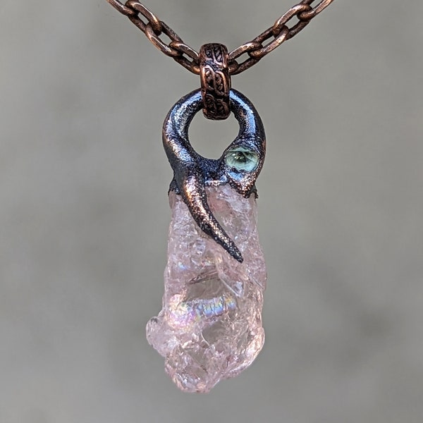 Petite Kundalini Shakti Amulet with Pink Rainbow Kunzite, Green Sapphire, Copper for Divine Love, Peace, Joy, Heart Chakra, Fidelity, Magic