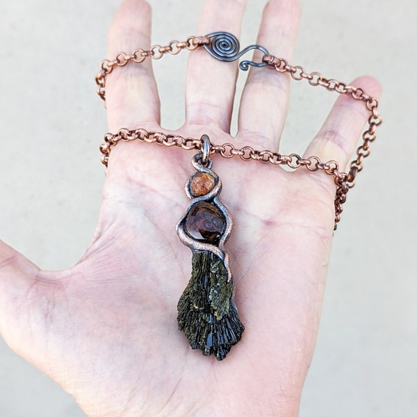 Kundalini Mata Shakti Amulet with Rare Fan Epidote, Fire Agate, Orange Spessartine, Copper, Adjustable Chain, One-of-a-Kind Shamanic Tool