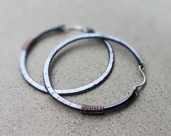 Black Textured Round Gypsy Hoop Earrings, 2 Inch Size, Ethnic, Rustic, Hip, Sexy, Copper, Sterling Silver EarWire, Handmade, Artisan Jewelry