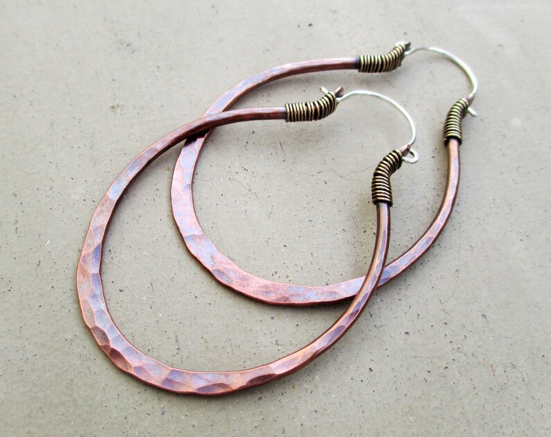 Big Oval Hoop Earrings, Gypsy, Ethnic, Hip, Bohemian, Mixed Metal, Artisan Jewelry, Hand Forged image 2