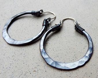 Hip Hoops in Blackened Copper, Earrings, Smallest Size, Metalsmithed, Handforged, Textured, Light Weight, Ethnic, Boho, Urban, Gypsy, Fun