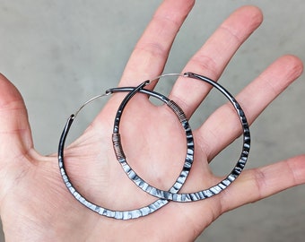 Round Gypsy Hoop Earrings, 2.5 Inch Size, Ethnic, Rustic, Hip, Sexy, Metalsmithed, Textured, Blackened Copper, Sterling Silver Ear Wire