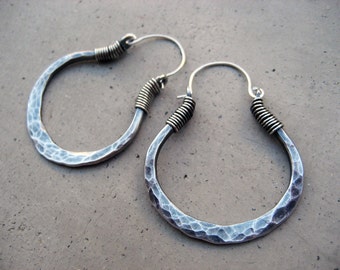 Sterling Silver Hoop Earrings, Small, Metalsmithed, Hip, Ethnic, Gypsy, Handmade