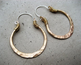 Golden Hoop Earrings, Smaller Size, Mixed Metal Jewelry, Sterling Silver Ear Wire, Hip, Ethnic, Boho, Urban