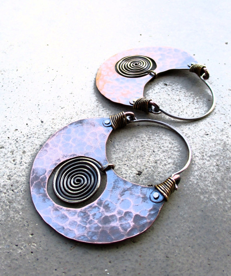 Big Pachamama Hoop Earrings, Spiral, Mixed Metal, Metalsmithed, Tribal, Boho, Earthy, Ancient Treasure image 2