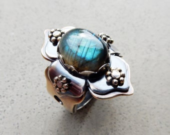 Lotus Ring with Labradorite, Chakra Work, Protective, Mystical, Zen, Energy Worker, Healer, Chakra Balancing, Adjustable Size, Yoga, Indian