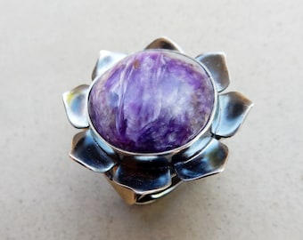 Lotus Flower Bliss Ring with Charoite, Adjustable, Mixed Metal, Bohemian, Heart & Crown Chakra, Unconditional Love, Calm, Awareness, Harmony