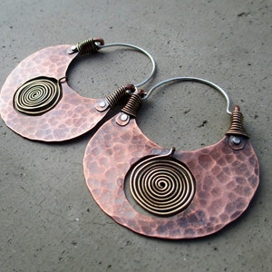 Big Pachamama Hoop Earrings, Spiral, Mixed Metal, Metalsmithed, Tribal, Boho, Earthy, Ancient Treasure image 4